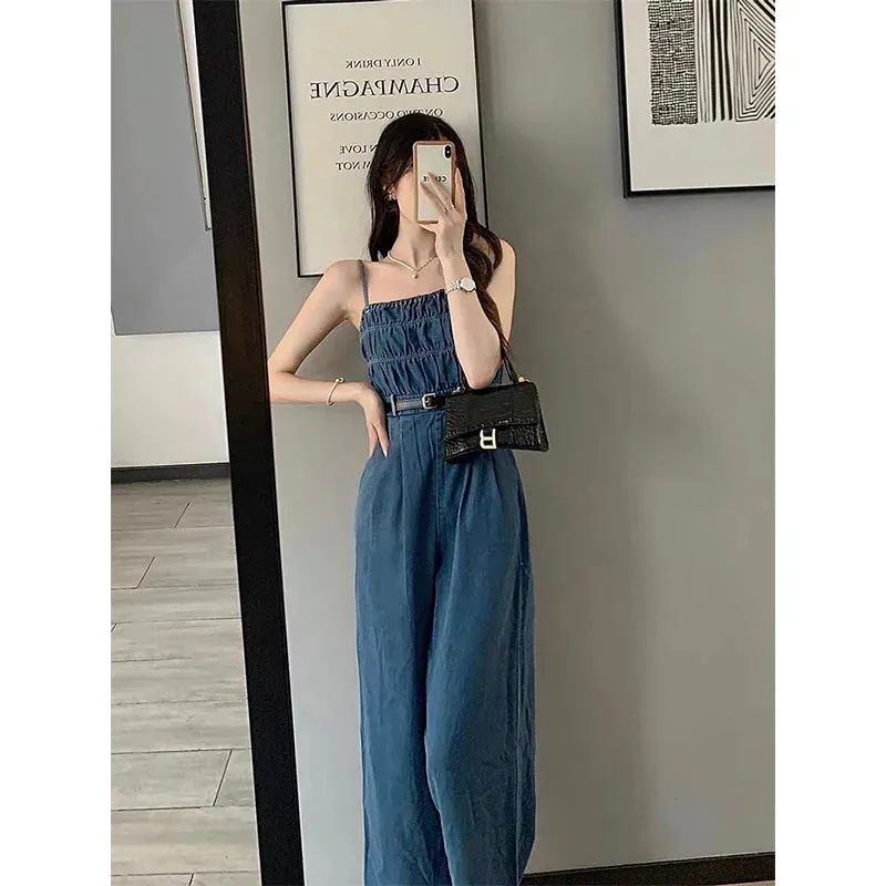 Streetwear Denim Overalls Women Belt Wide Leg Jumpsuits Korean Suspender Pants High Waist Sleeveless Strap Jeans Trousers