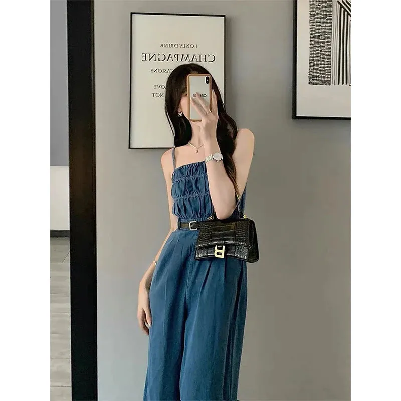 Streetwear Denim Overalls Women Belt Wide Leg Jumpsuits Korean Suspender Pants High Waist Sleeveless Strap Jeans Trousers