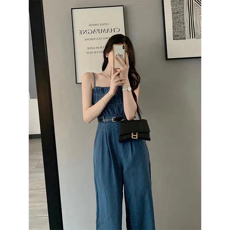 Streetwear Denim Overalls Women Belt Wide Leg Jumpsuits Korean Suspender Pants High Waist Sleeveless Strap Jeans Trousers