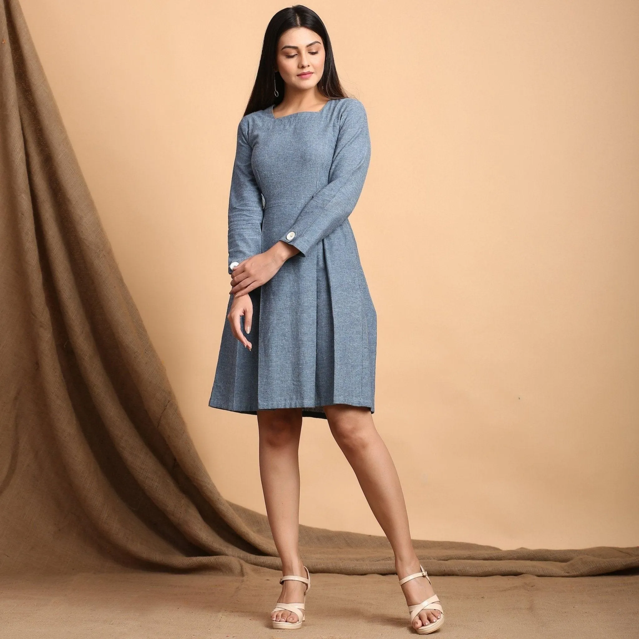 Turkish Blue Cotton Pleated Square Neck Short Dress