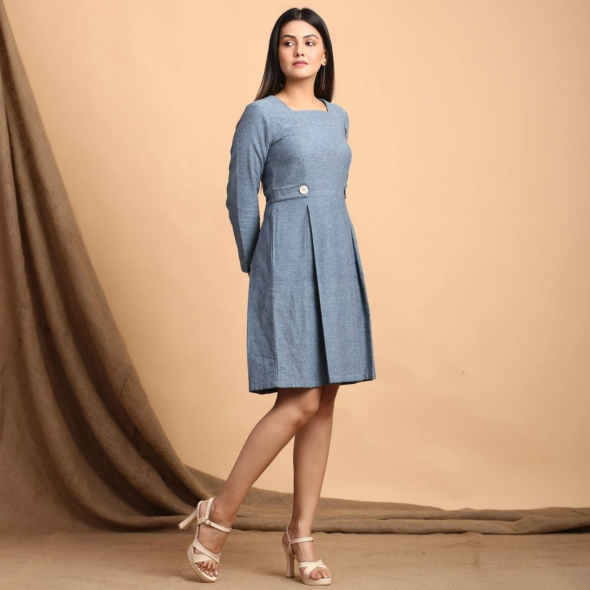 Turkish Blue Cotton Pleated Square Neck Short Dress