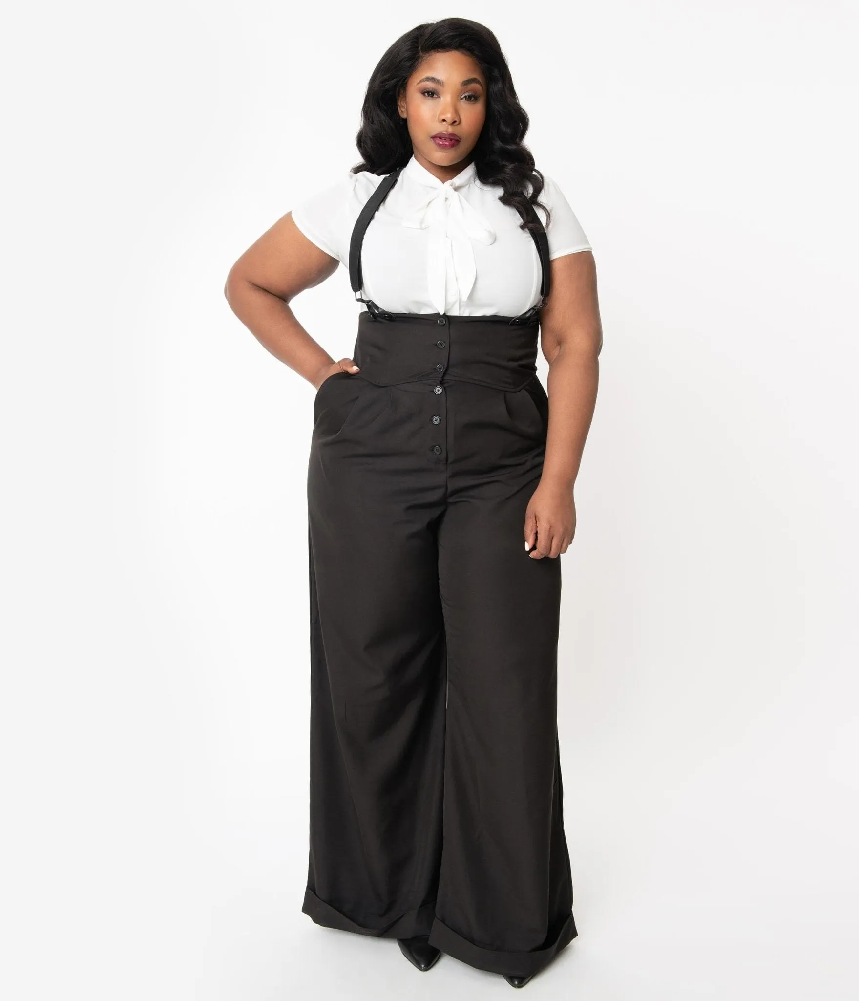 Unique Vintage Plus Size 1930s Black Thelma Suspender Pants