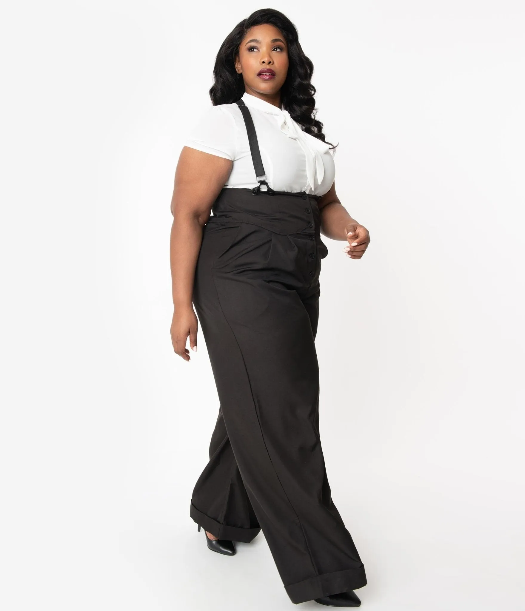 Unique Vintage Plus Size 1930s Black Thelma Suspender Pants