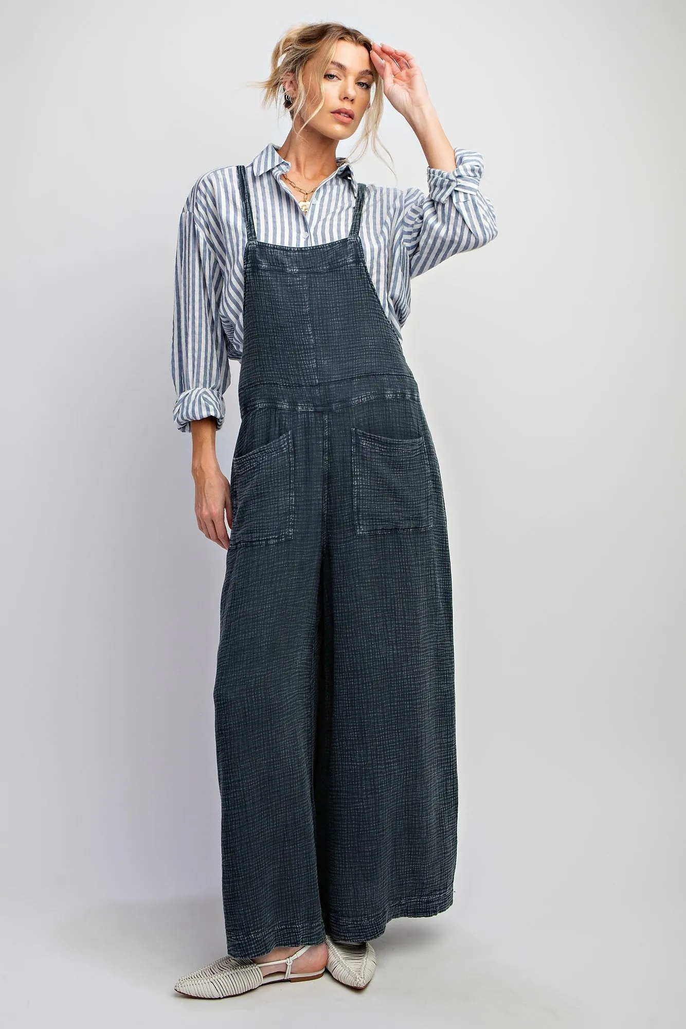 Vintage Washed Cotton Jumpsuit in Faded Denim