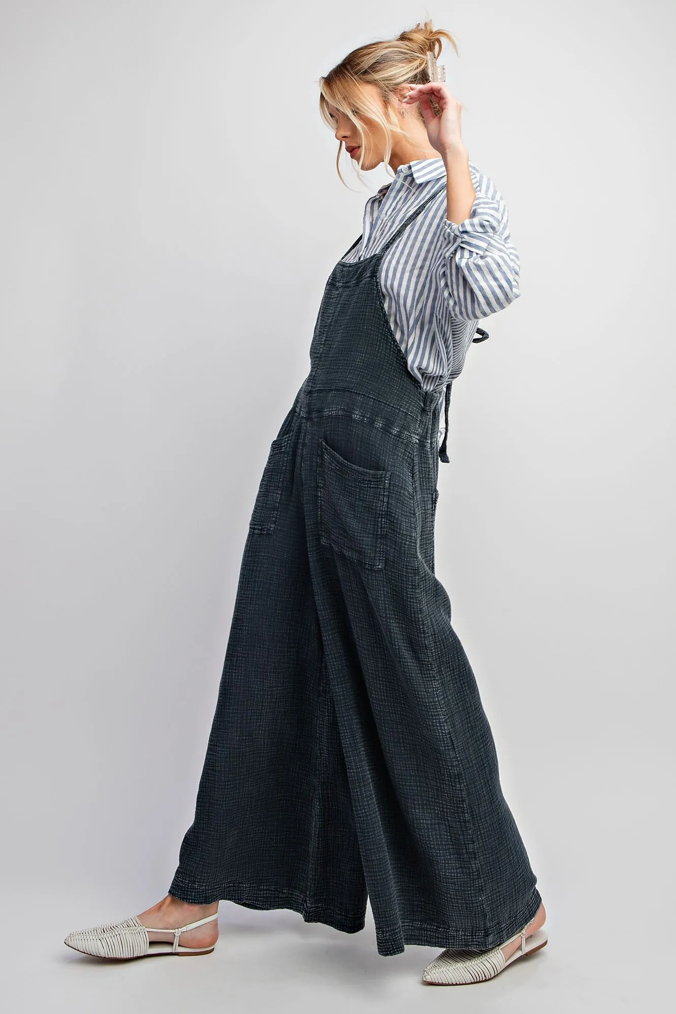 Vintage Washed Cotton Jumpsuit in Faded Denim