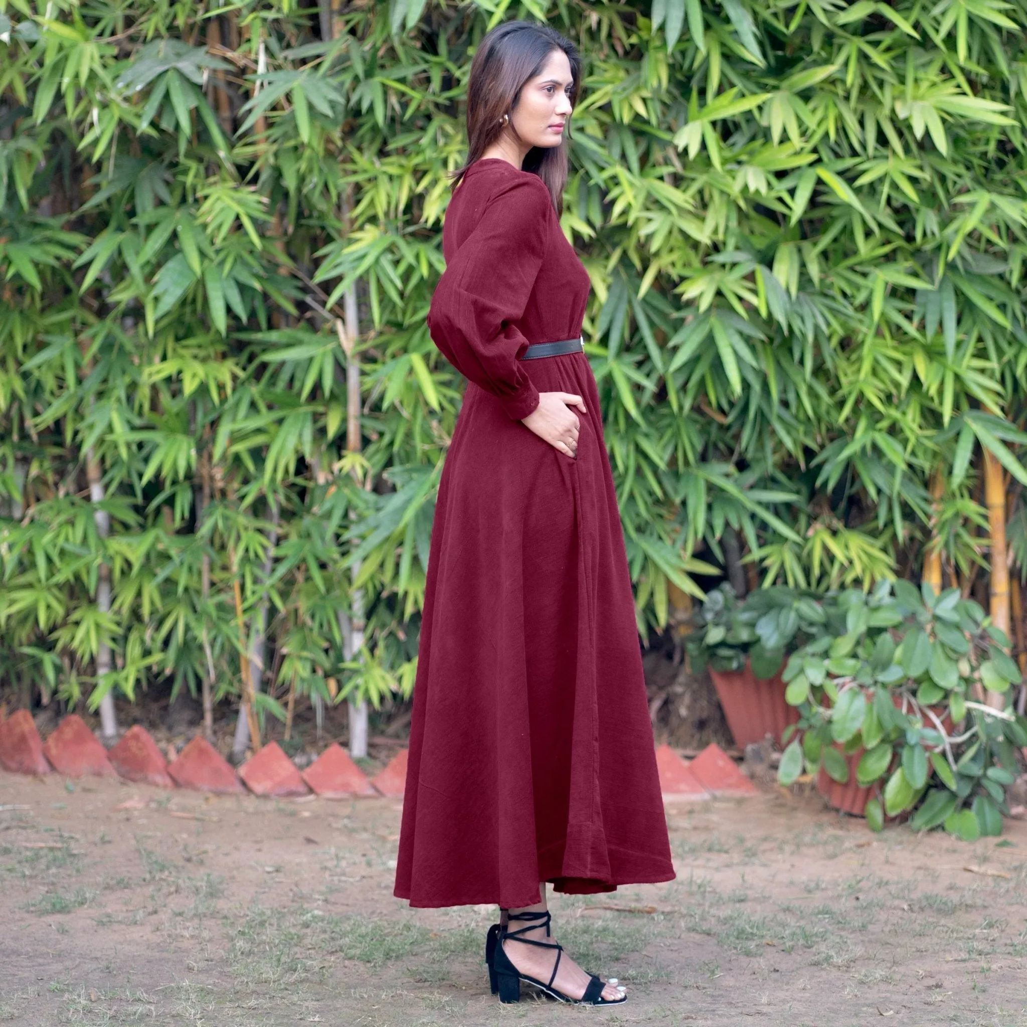 Wine Warm Cotton Corduroy Fit and Flare Maxi Dress