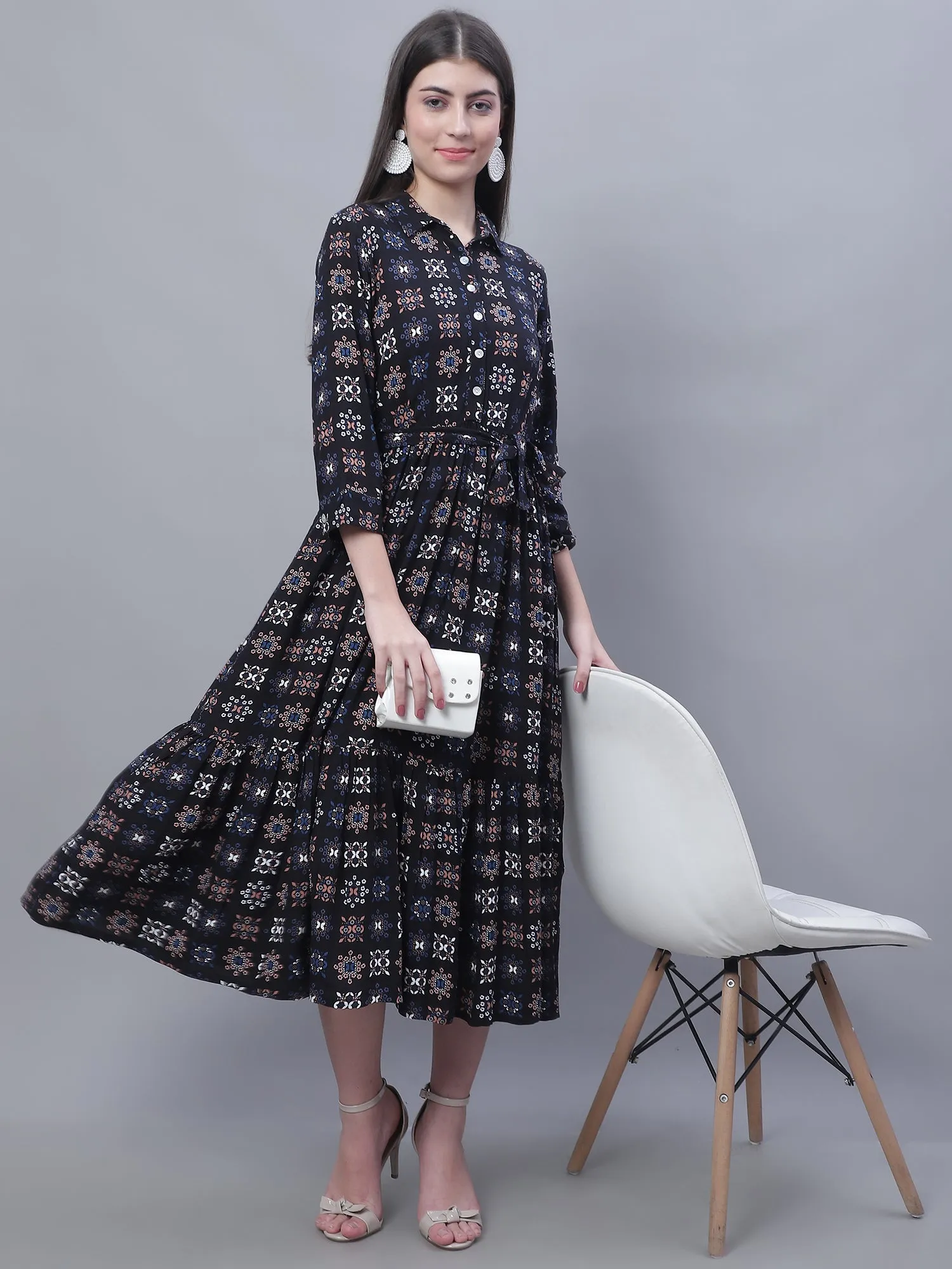 Women's Casual Shirt collar Black Geometric Print Fit & Flared Dress