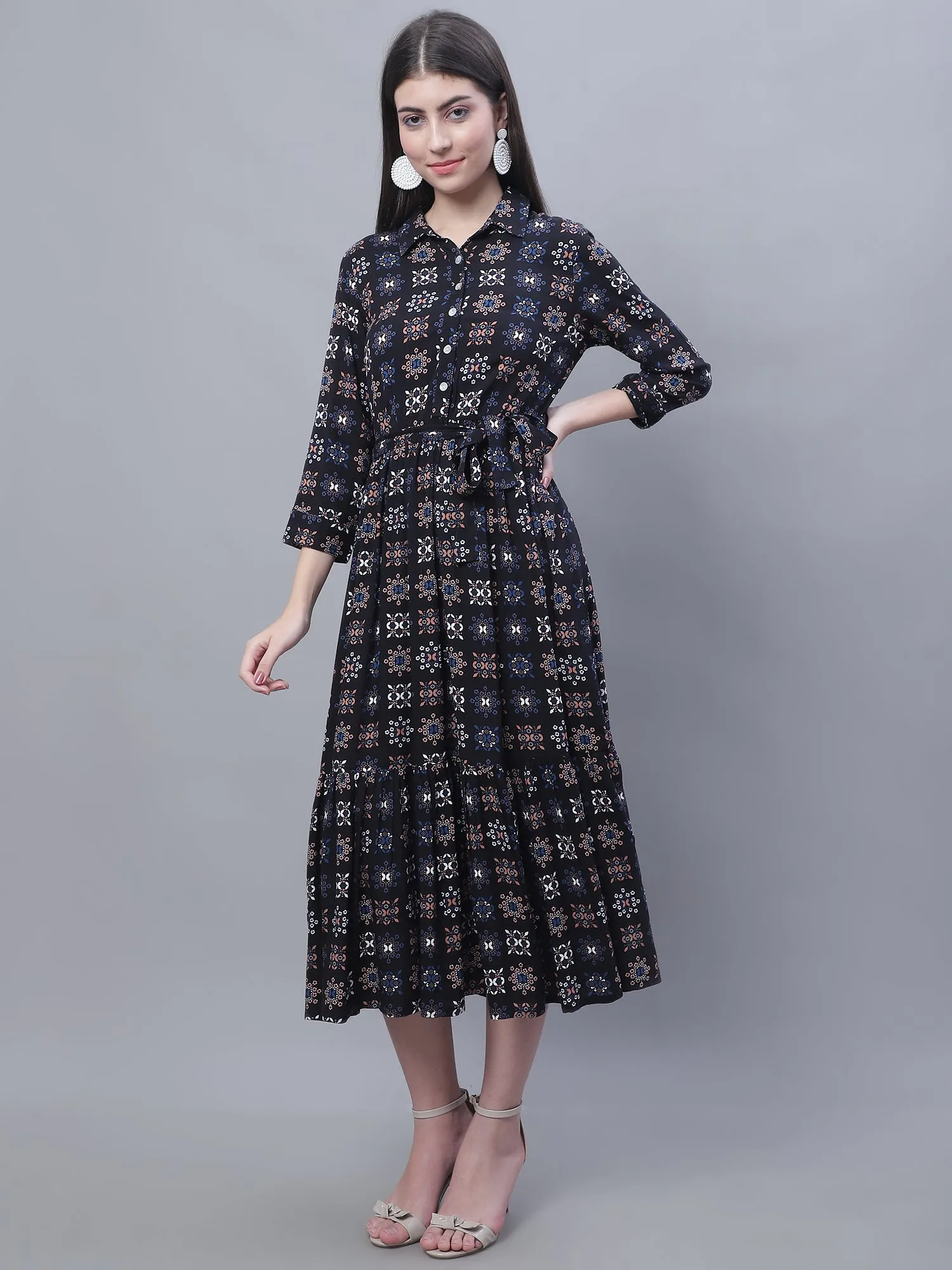 Women's Casual Shirt collar Black Geometric Print Fit & Flared Dress