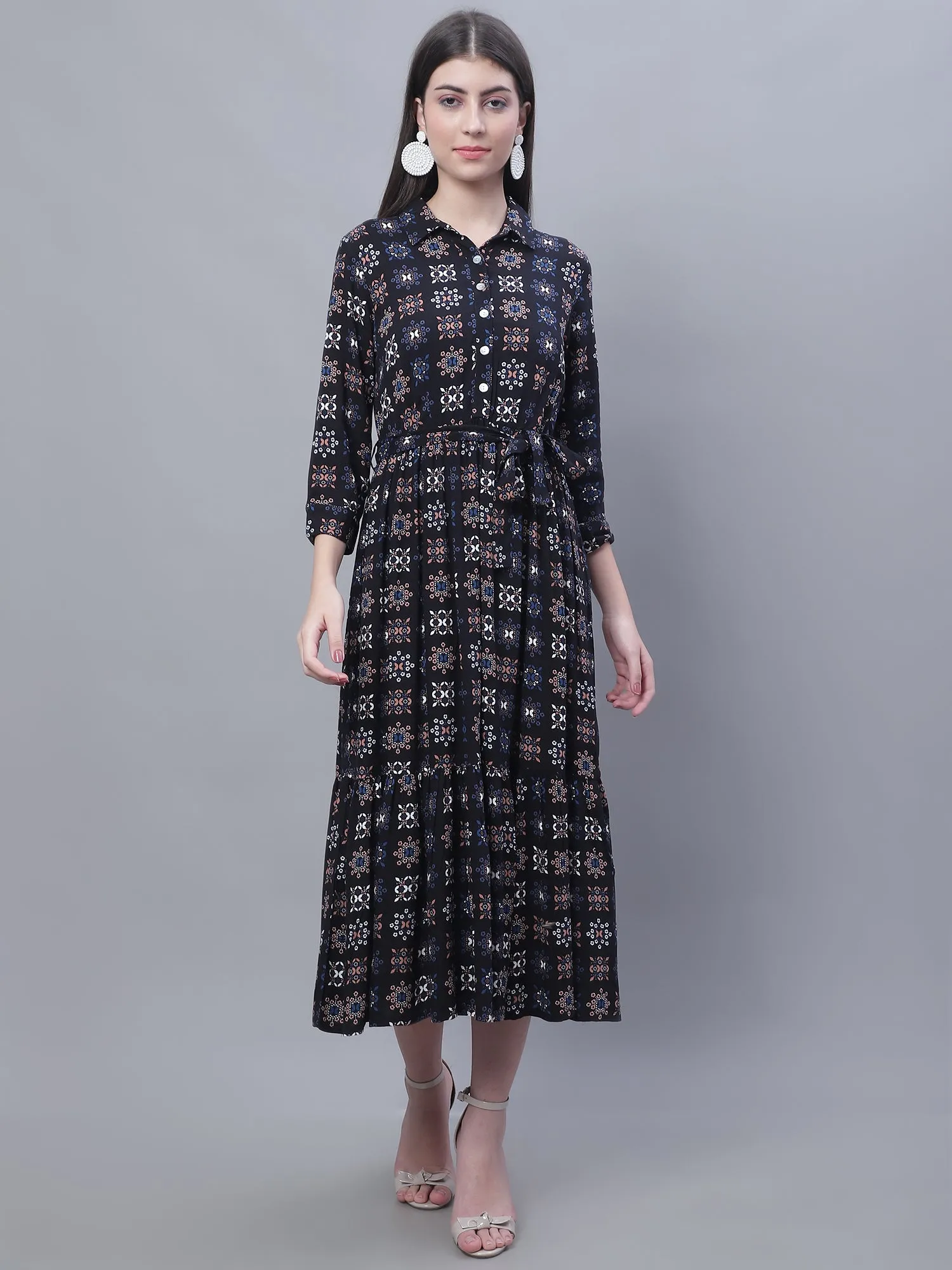 Women's Casual Shirt collar Black Geometric Print Fit & Flared Dress