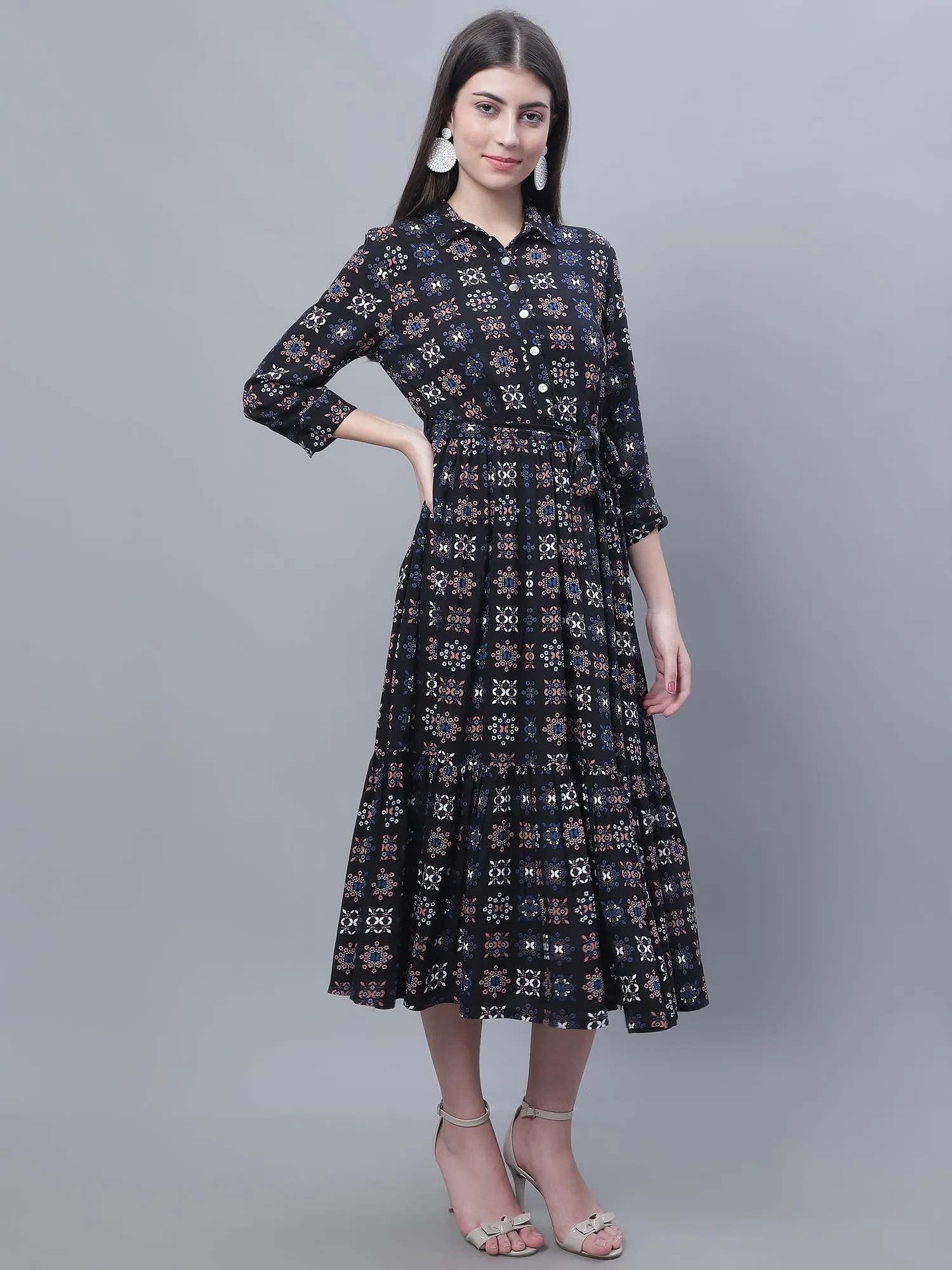 Women's Casual Shirt collar Black Geometric Print Fit & Flared Dress