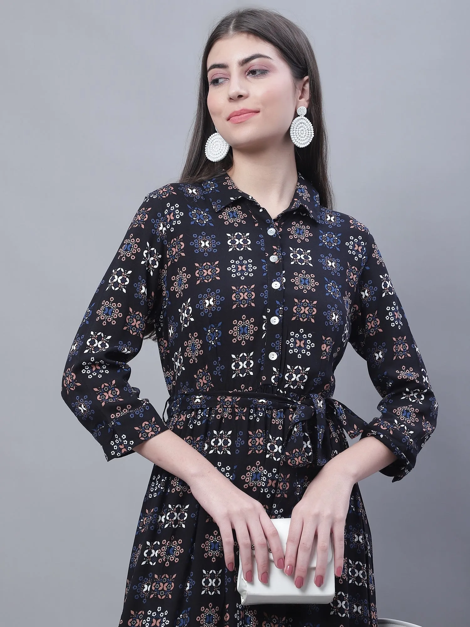 Women's Casual Shirt collar Black Geometric Print Fit & Flared Dress