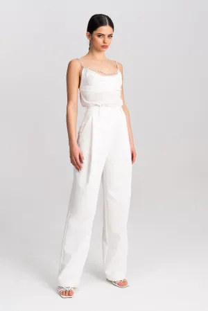 'Zahra' White Pleated Wide-leg Trousers